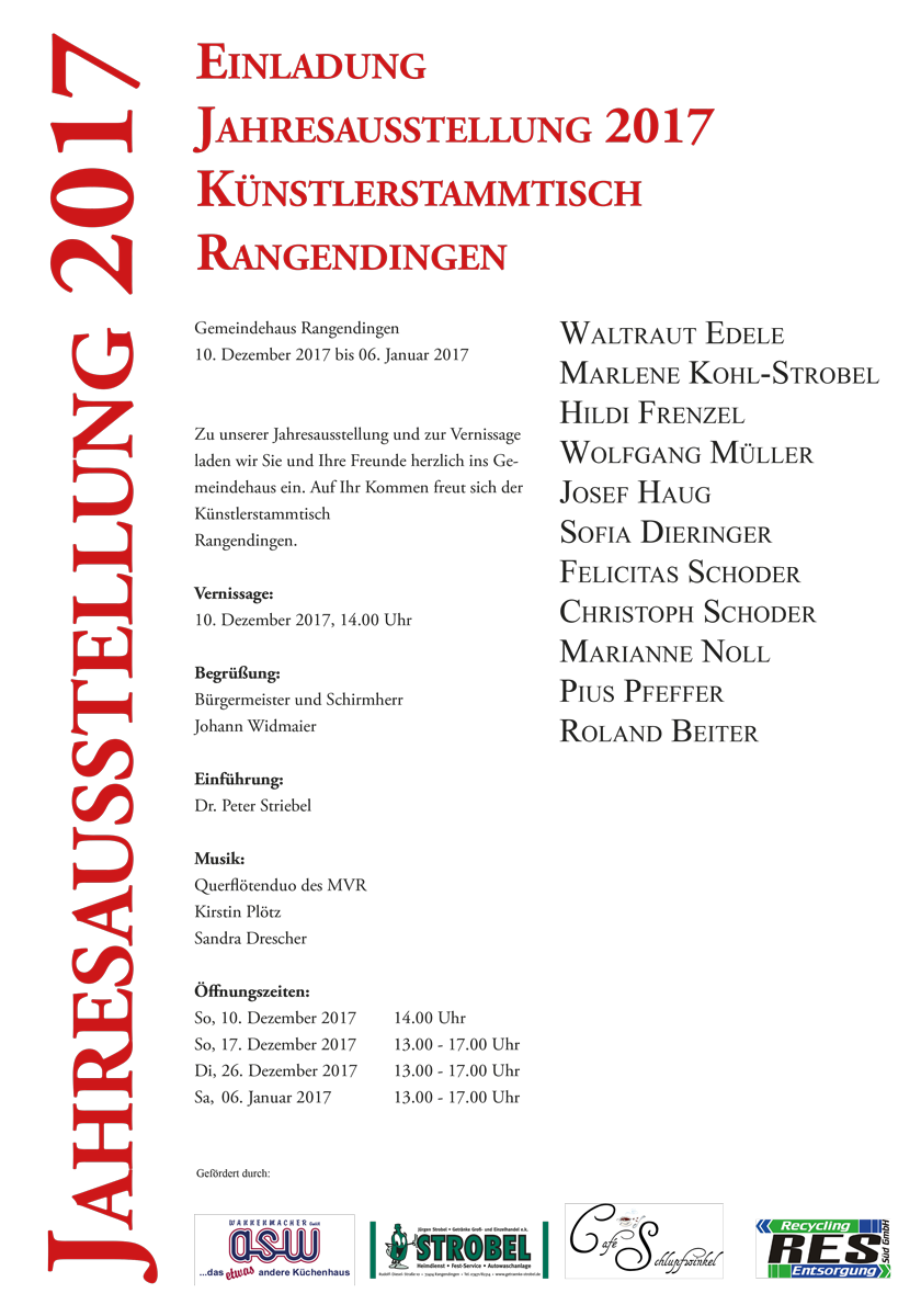 Jahresausstellung Künsterstammtisch Rangendingen vom 10.12.2017 bis 06.01.2018 im Gemeindehaus Rangendingen